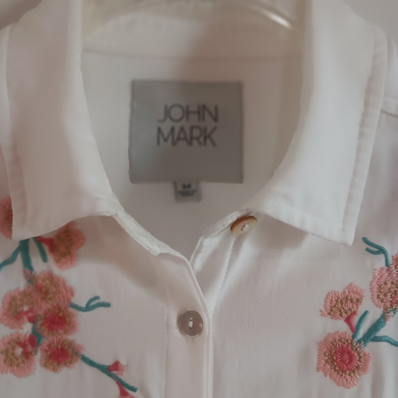 JOHN MARK Button Front Raw Bottom Hem Pocket Front Embroidered Shirt Dress Med - Picture 9 of 14